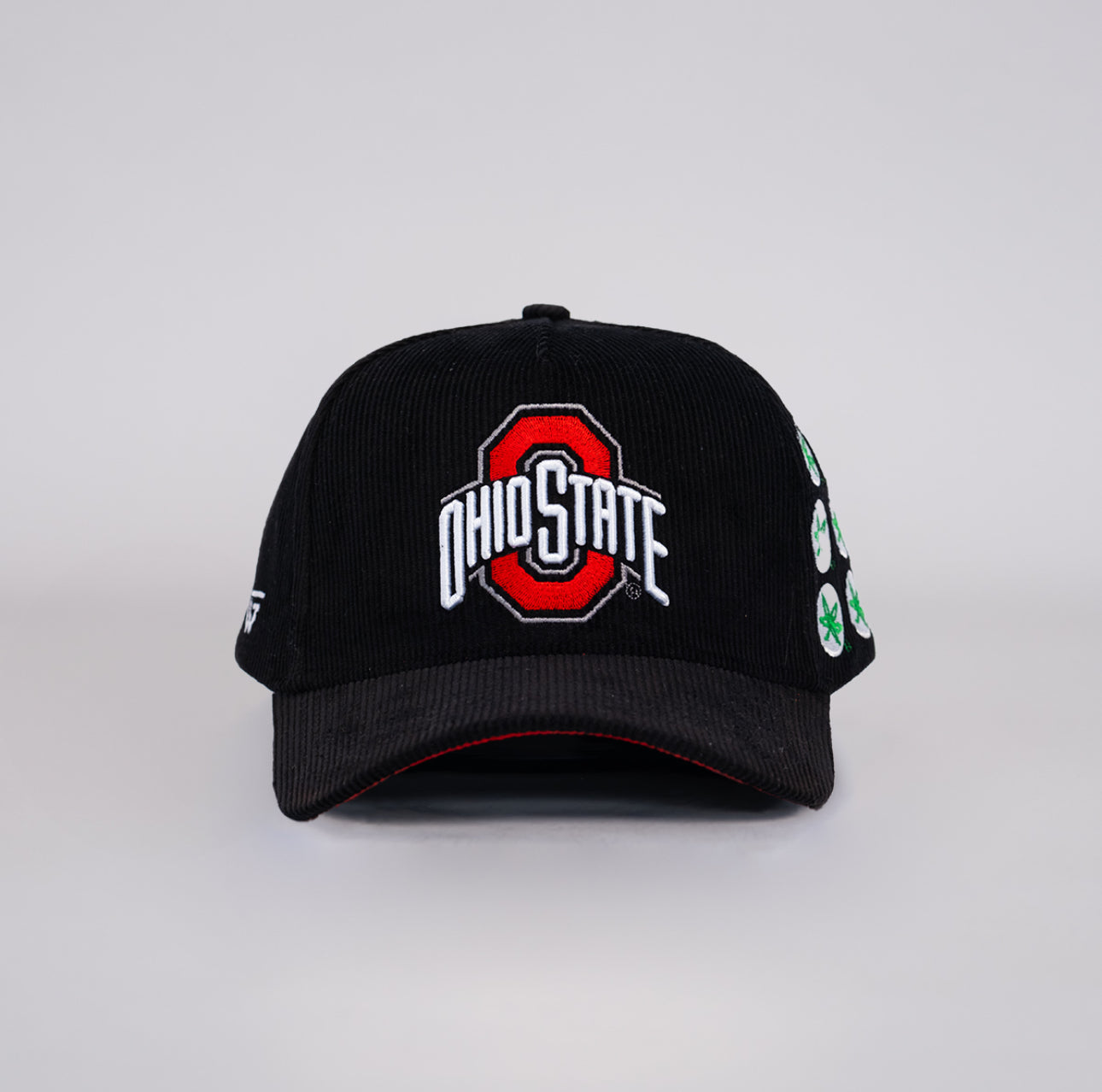 Black Corduroy Ohio State Buckeyes Snapback Hat with Helmet Sticker Leaf Patches - Front Panel