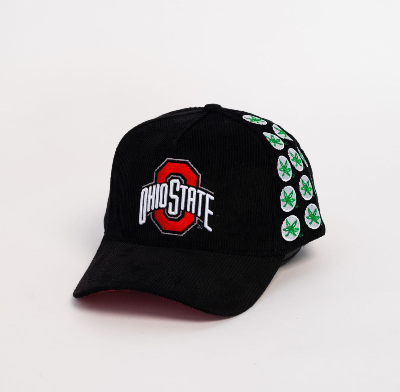 Black Corduroy Ohio State Buckeyes Snapback Hat with Helmet Sticker Leaf Patches - Side Patch