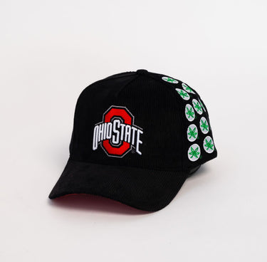 Black Corduroy Ohio State Buckeyes Snapback Hat with Helmet Sticker Leaf Patches - Side Patch
