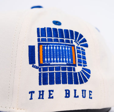 Boise State Broncos Cream and Blue Snapback Hat with Stampede Logo and The Blue Patch - Side Stadium