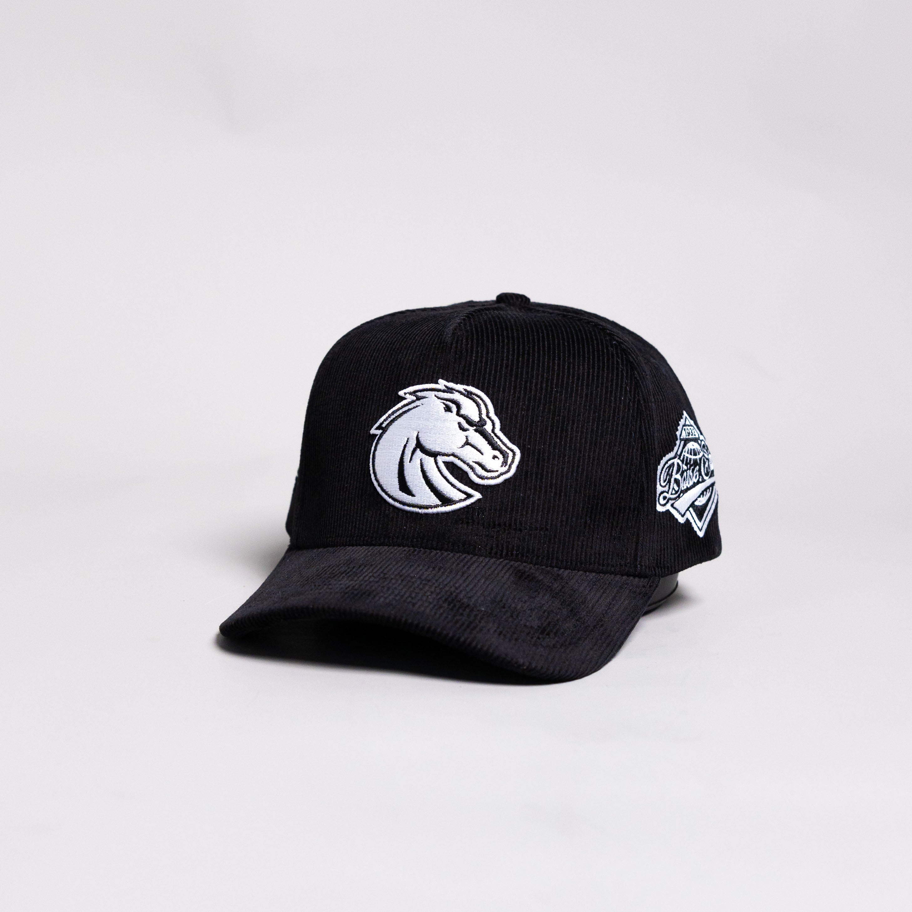 Boise State Broncos Hat Black Corduroy White Logo Side Patch Snapback - Angled View