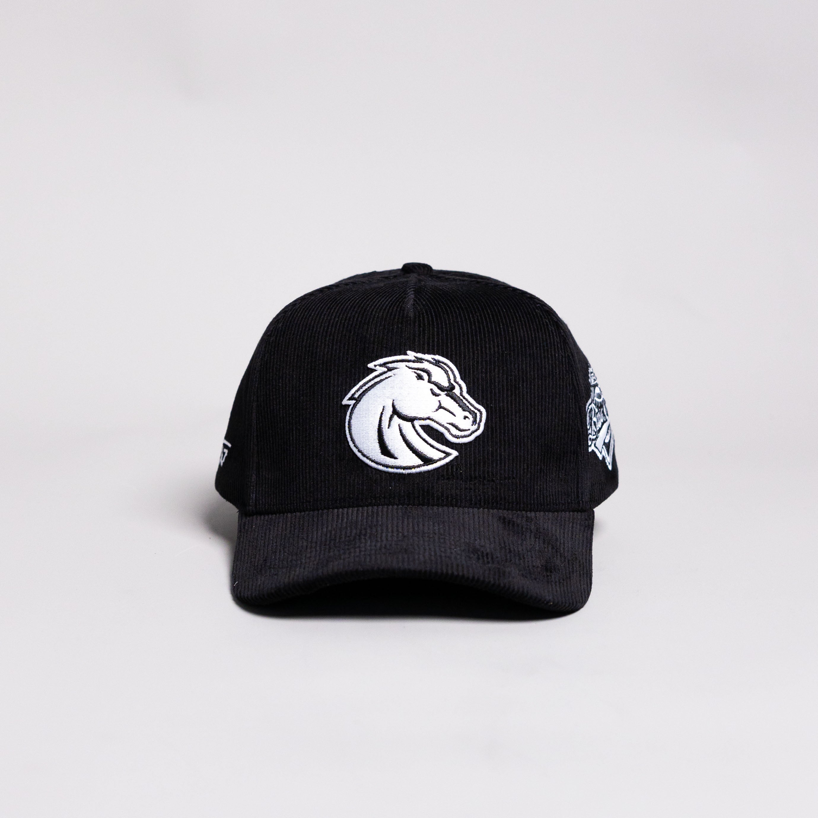 Boise State Broncos Hat Black Corduroy White Logo Side Patch Snapback - Front Panel