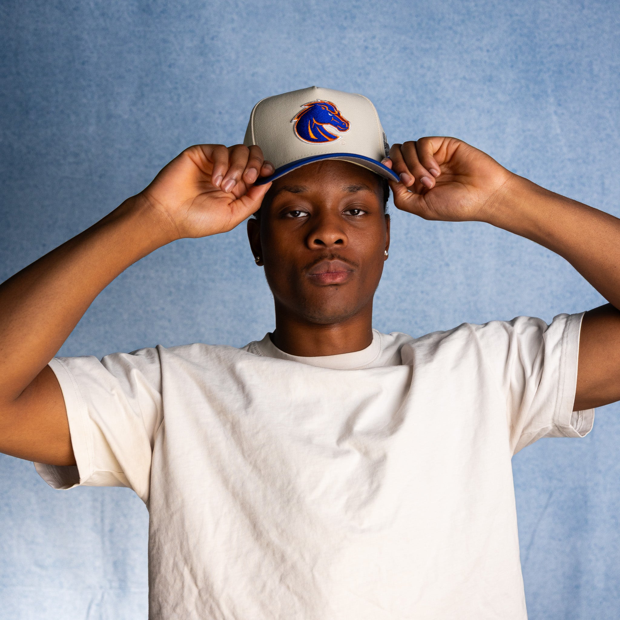 Boise State Broncos Hat Cream & Royal Blue Stadium Patch Snapback - On Model Lifestyle