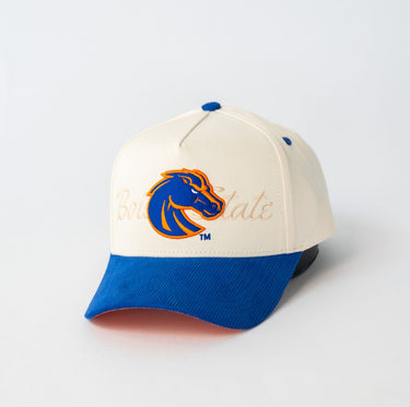 Boise State Broncos Hat Cream & Royal Script Snapback - Angled View