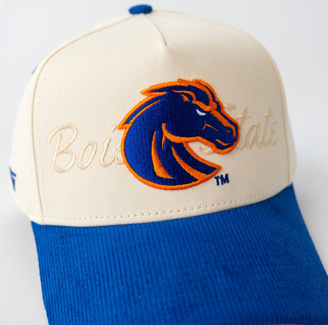 Boise State Broncos Hat Cream & Royal Script Snapback - Front Detail