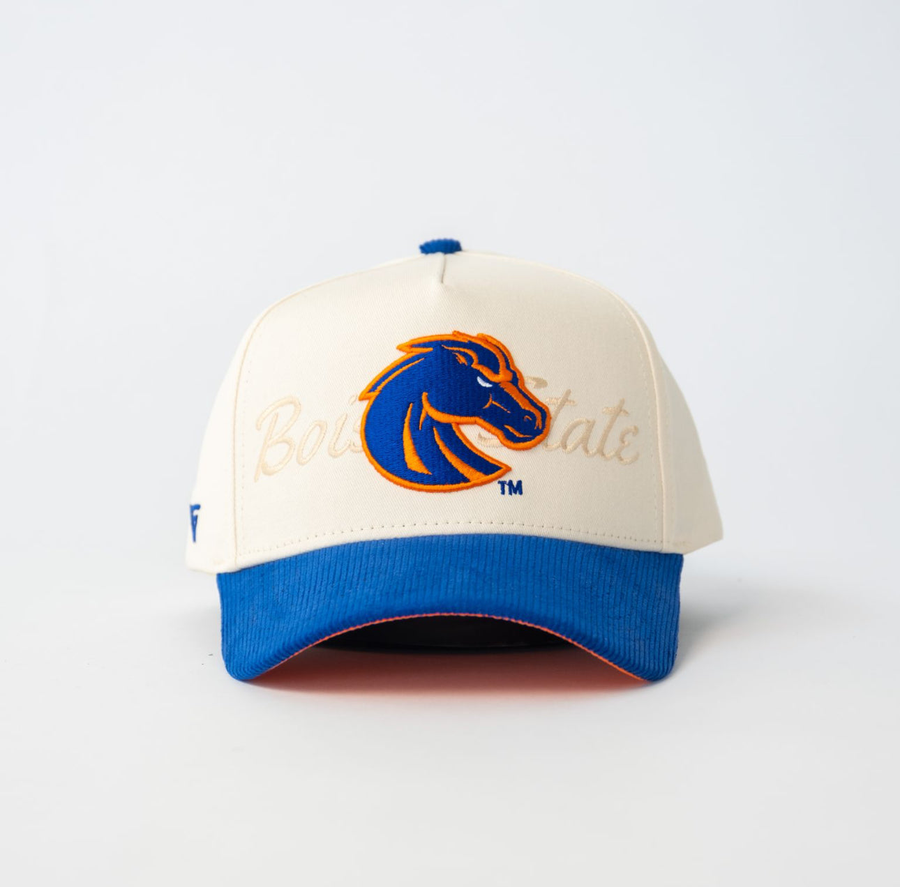 Boise State Broncos Hat Cream & Royal Script Snapback - Front Panel