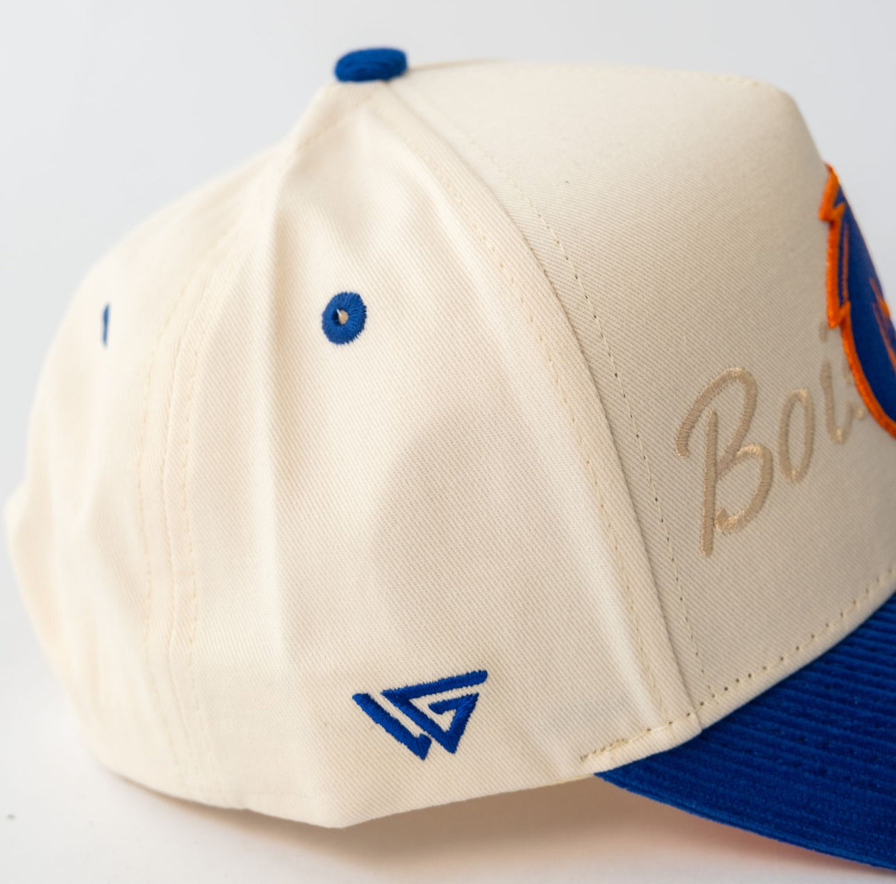 Boise State Broncos Hat Cream & Royal Script Snapback - Side Patch