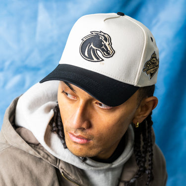 Boise State Broncos Hat White Black Brim Bronco Logo Snapback BSU Team - On Model Lifestyle