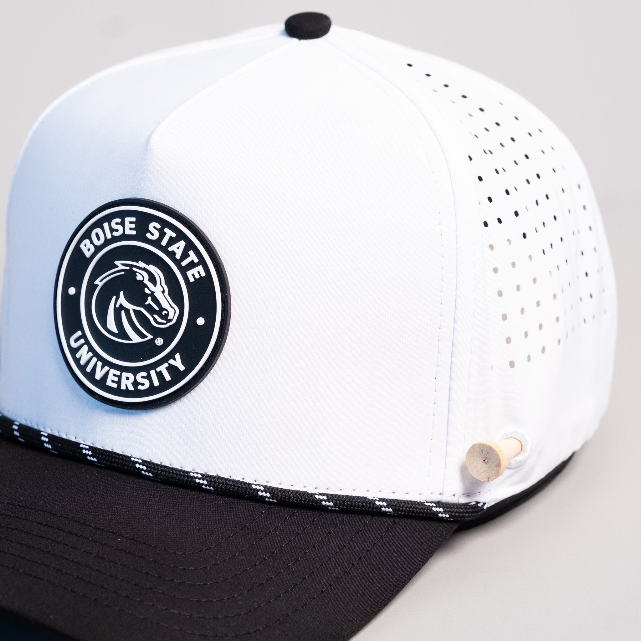 Boise State Broncos Hat White Black Tee Box - Front Detail Angled