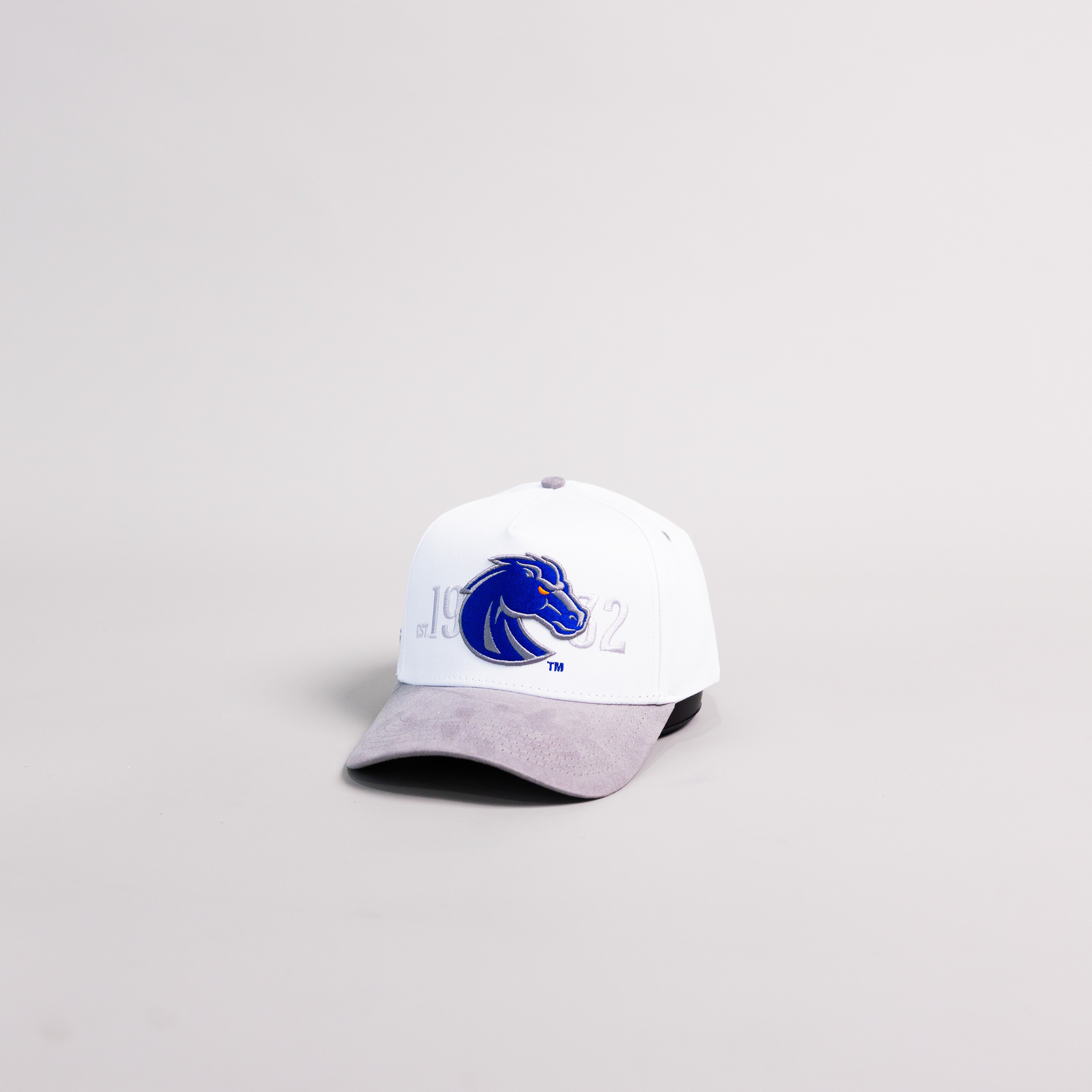 Boise State Broncos White and Grey Suede Snapback Hat with Bronco Logo and 1932 Embroidery - Angled View