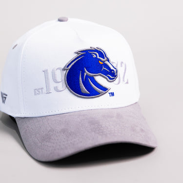 Boise State Broncos White and Grey Suede Snapback Hat with Bronco Logo and 1932 Embroidery - Front Detail