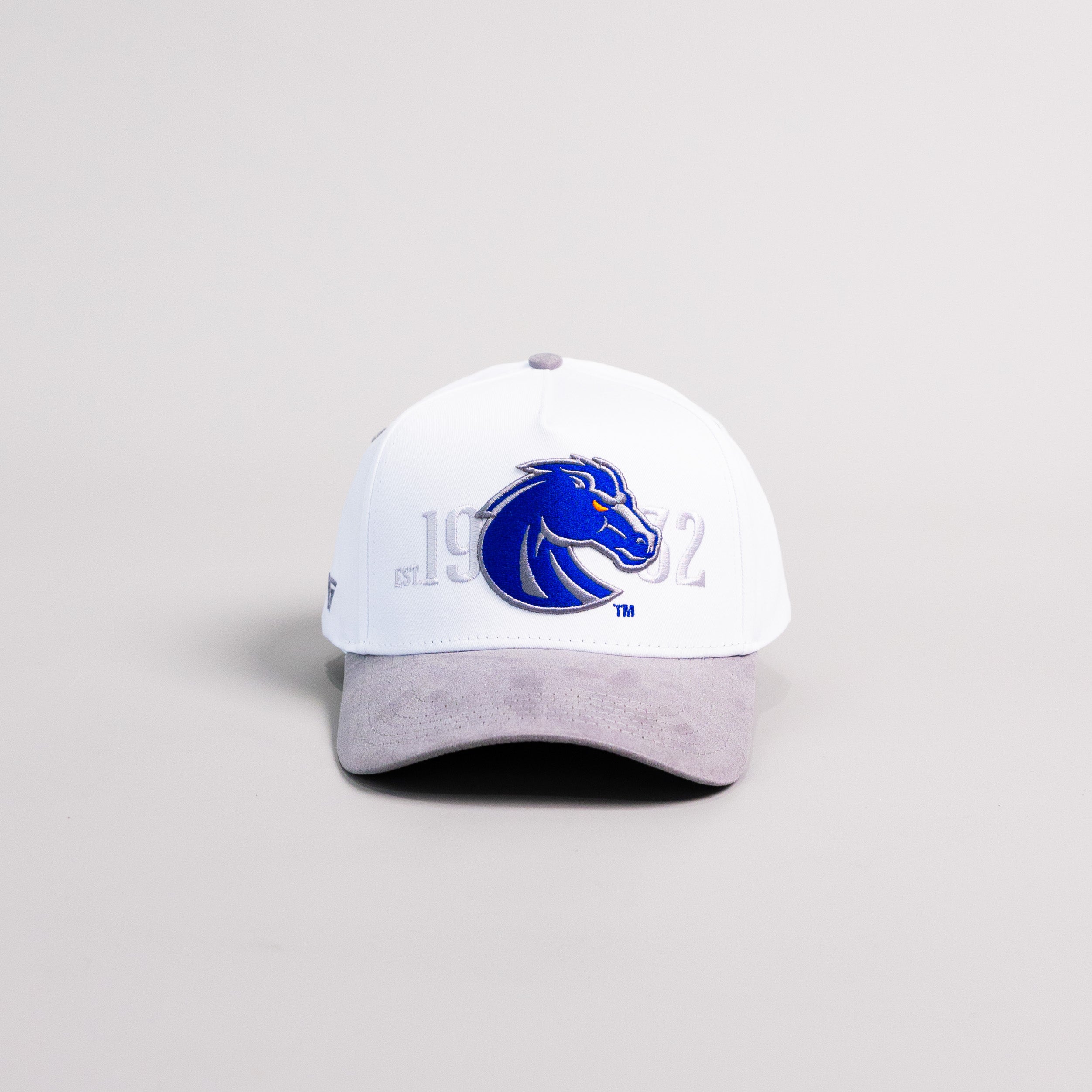 Boise State Broncos White and Grey Suede Snapback Hat with Bronco Logo and 1932 Embroidery - Front Panel