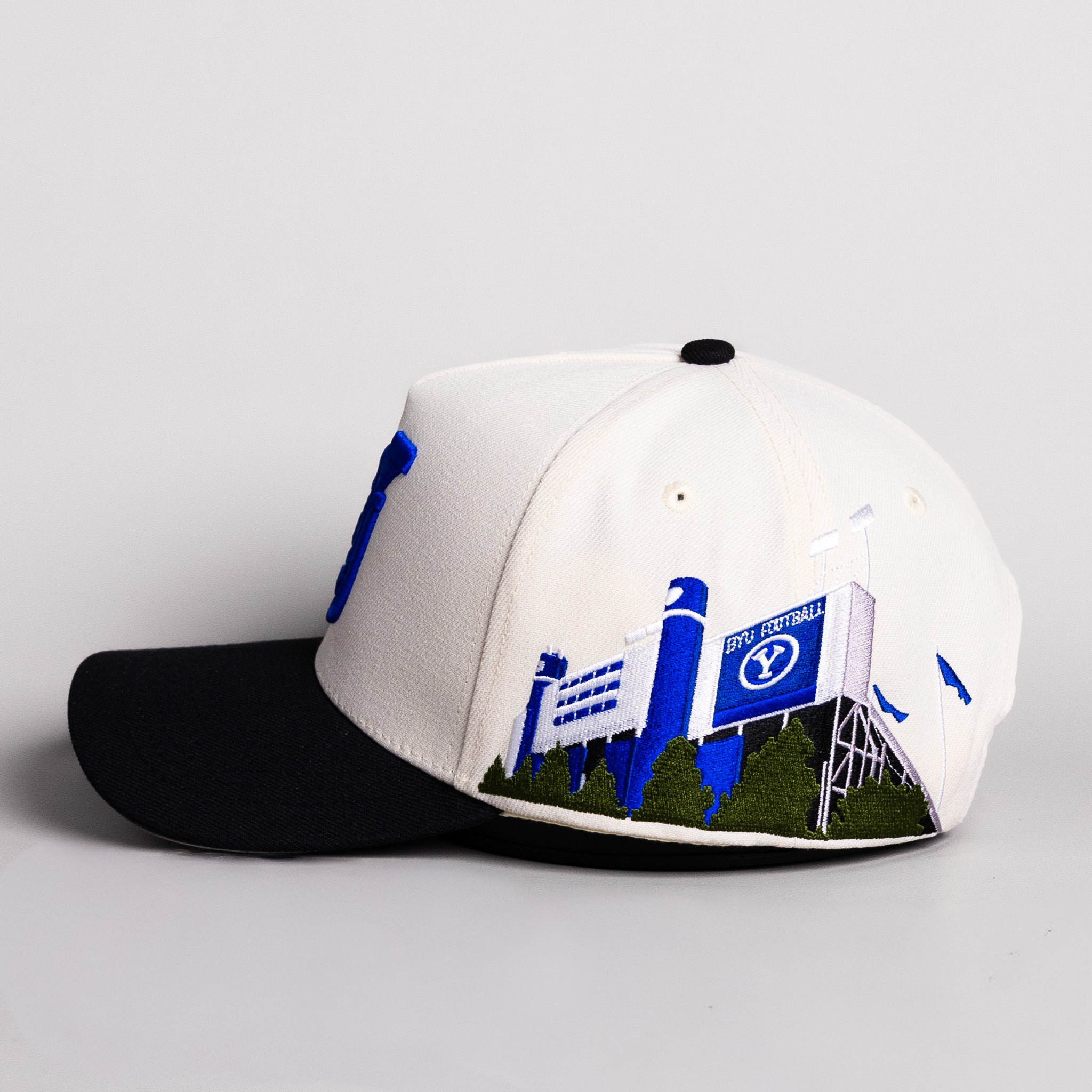 BYU Beetdigger Y Hat White Cotton Grey Suede Brim Stadium Patch Snapback - Side Stadium Embroidery