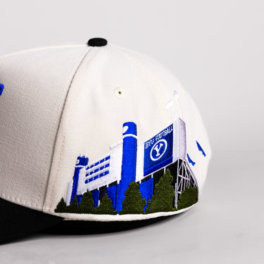 BYU Beetdigger Y Hat White Cotton Grey Suede Brim Stadium Patch Snapback - Stadium Embroidery Detail