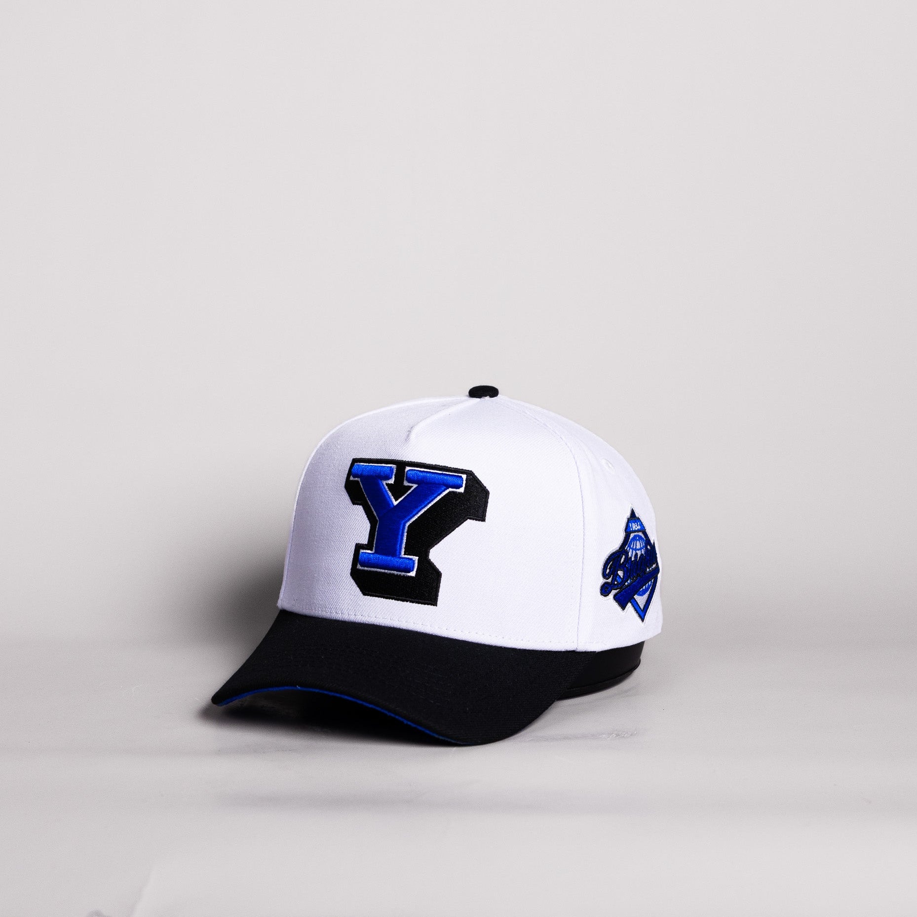 BYU Block Y Hat White Cotton Black Brim Stadium Patch Snapback - Angled View