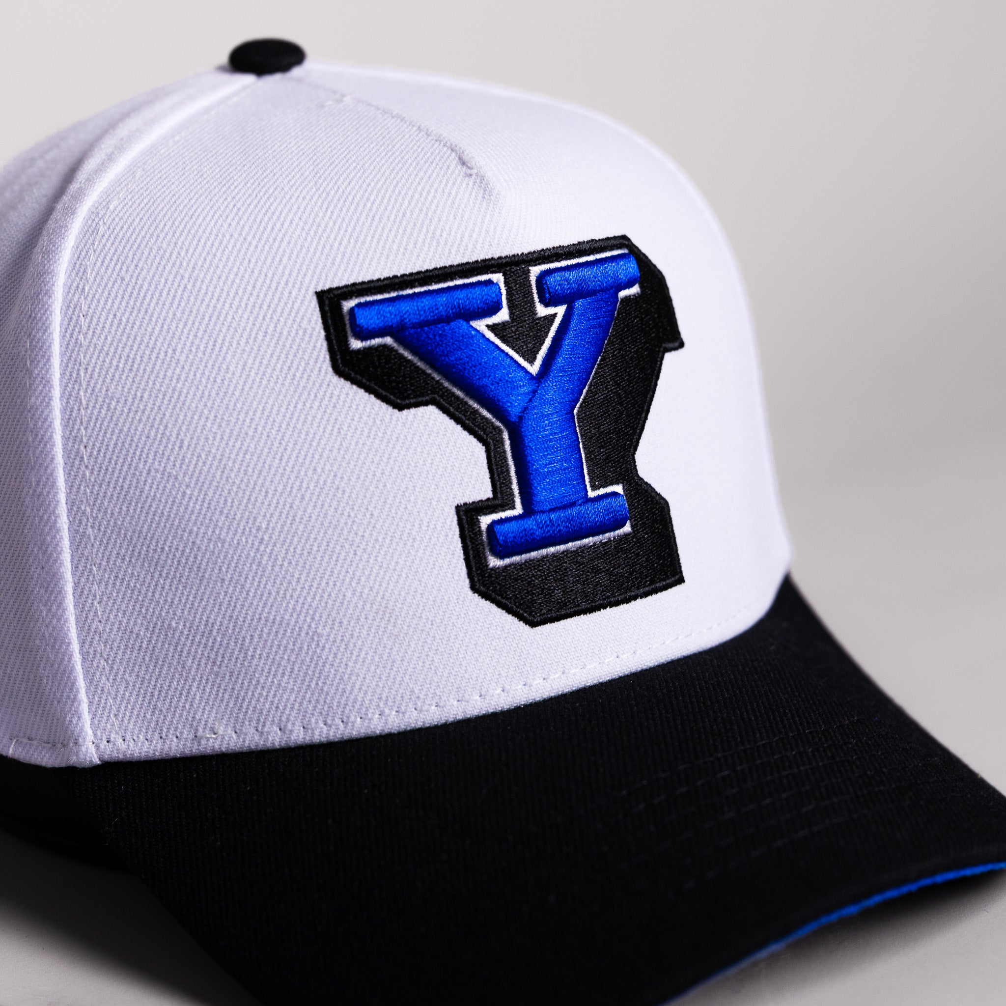 BYU Block Y Hat White Cotton Black Brim Stadium Patch Snapback - Front Detail