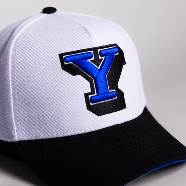 BYU Block Y Hat White Cotton Black Brim Stadium Patch Snapback - Front Detail