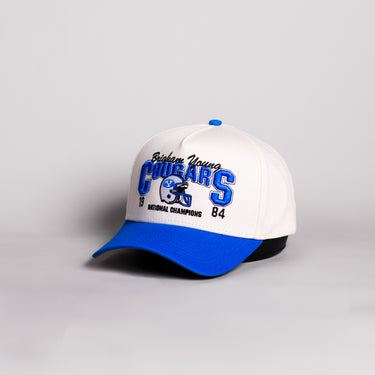 BYU Cougars 1984 National Champions Hat Cream Cotton Royal Blue Brim Snapback - Angled View