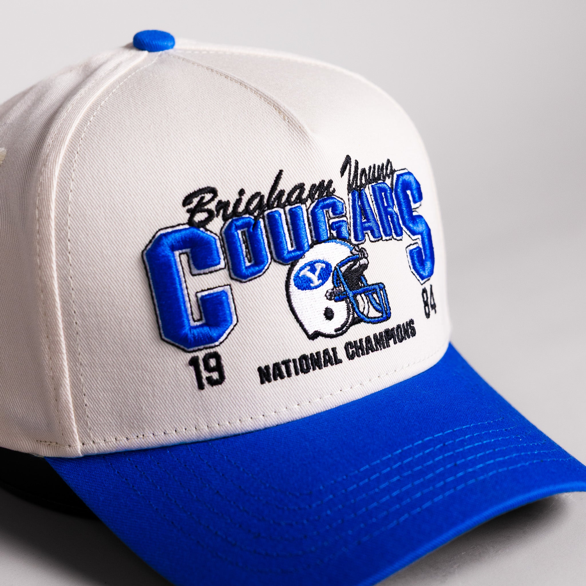 BYU Cougars 1984 National Champions Hat Cream Cotton Royal Blue Brim Snapback - Front Detail