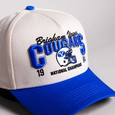 BYU Cougars 1984 National Champions Hat Cream Cotton Royal Blue Brim Snapback - Front Detail