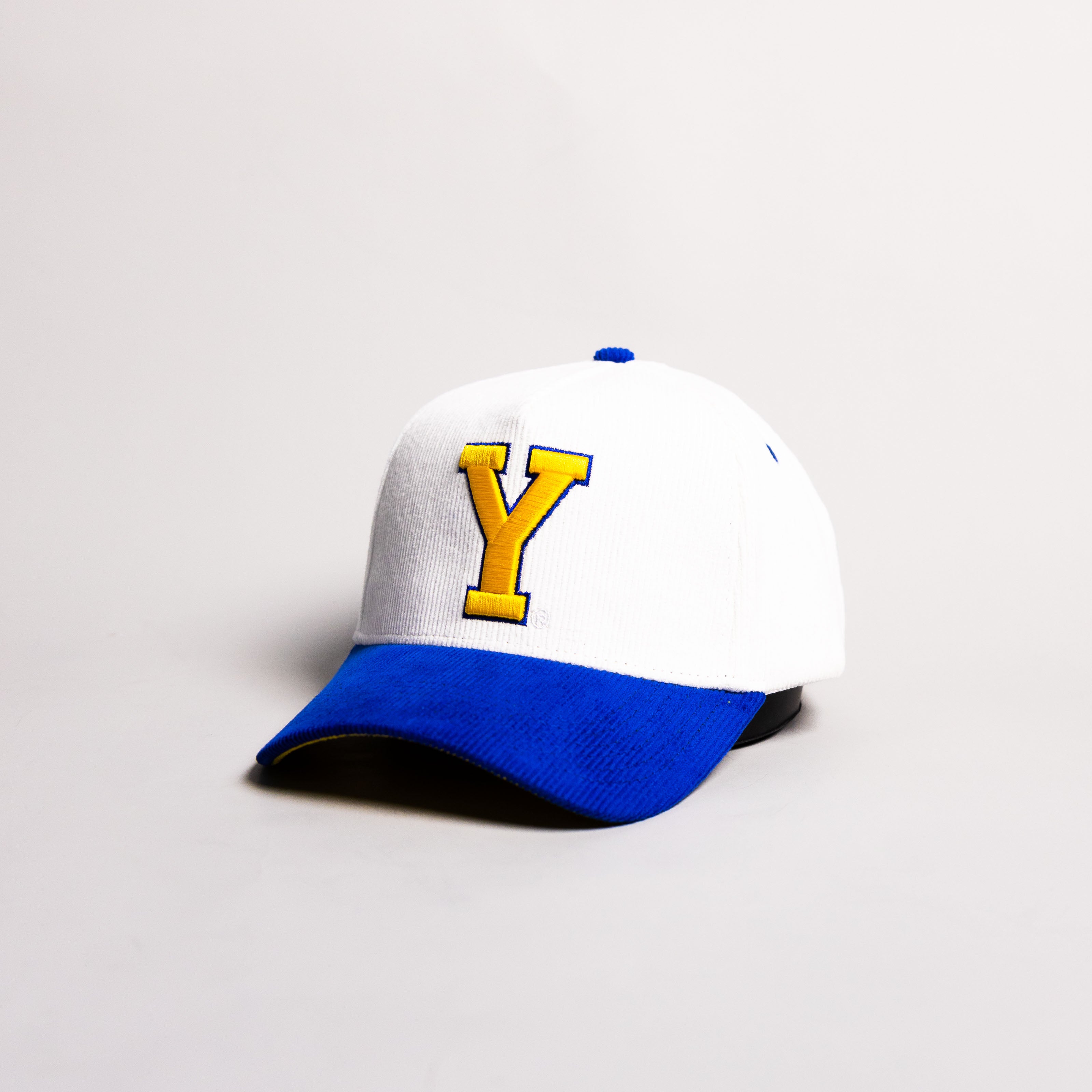 BYU Cougars Block Y Hat White Royal Yellow Corduroy Snapback - Angled View