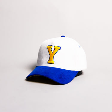 BYU Cougars Block Y Hat White Royal Yellow Corduroy Snapback - Angled View