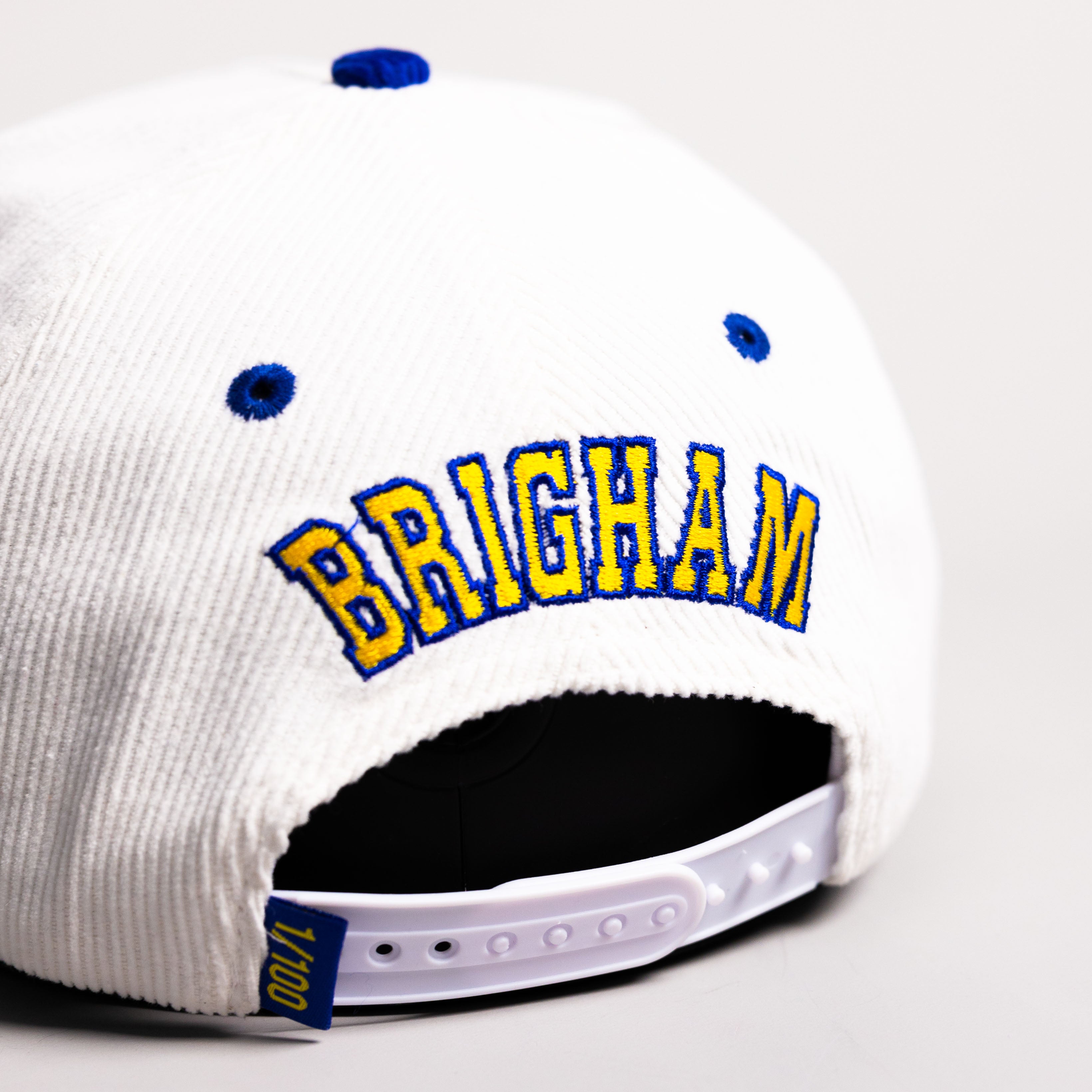 BYU Cougars Block Y Hat White Royal Yellow Corduroy Snapback - Back View Detail