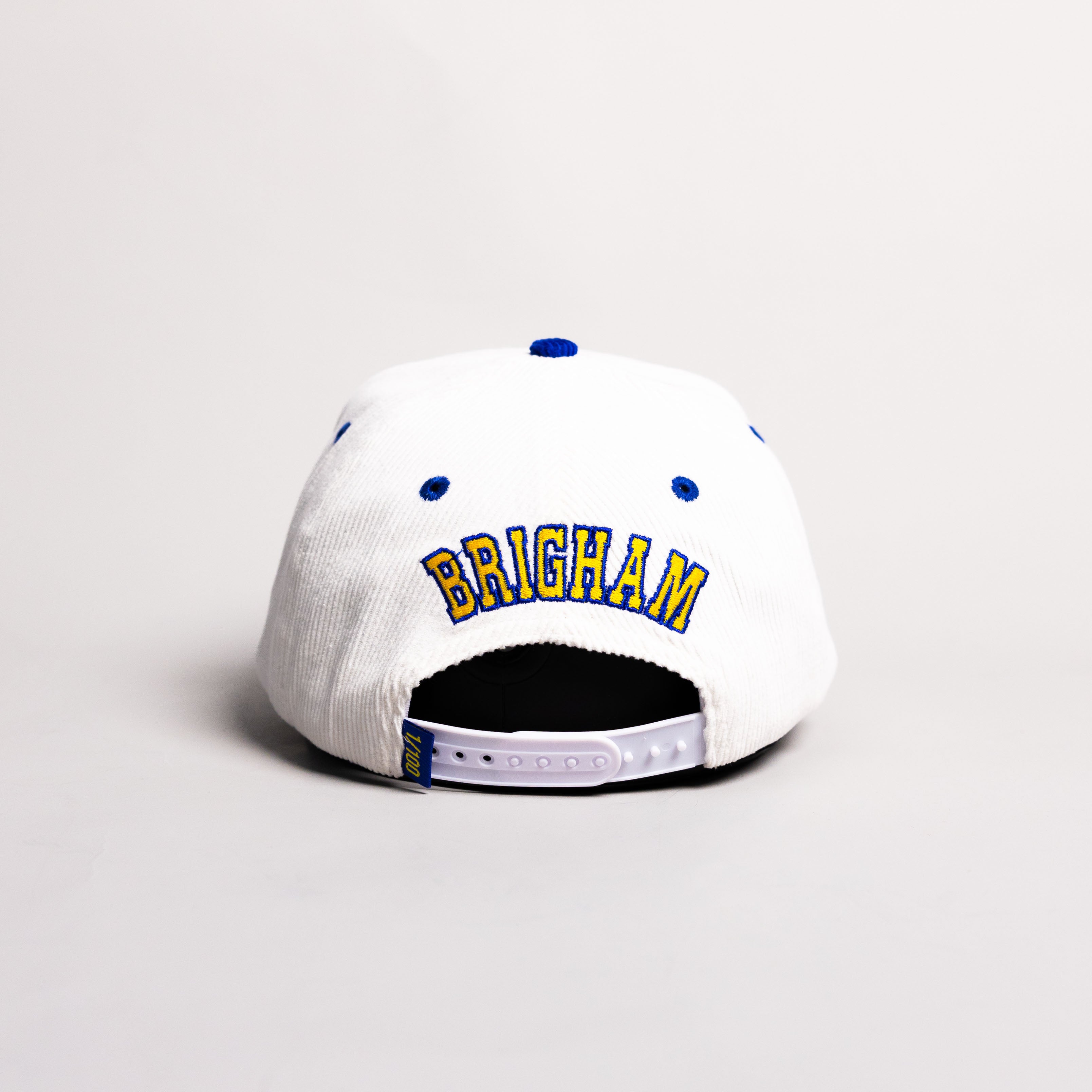BYU Cougars Block Y Hat White Royal Yellow Corduroy Snapback - Back View