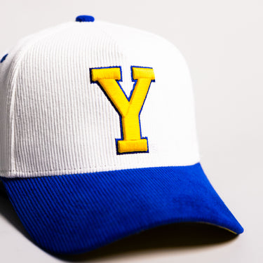 BYU Cougars Block Y Hat White Royal Yellow Corduroy Snapback - Front Detail