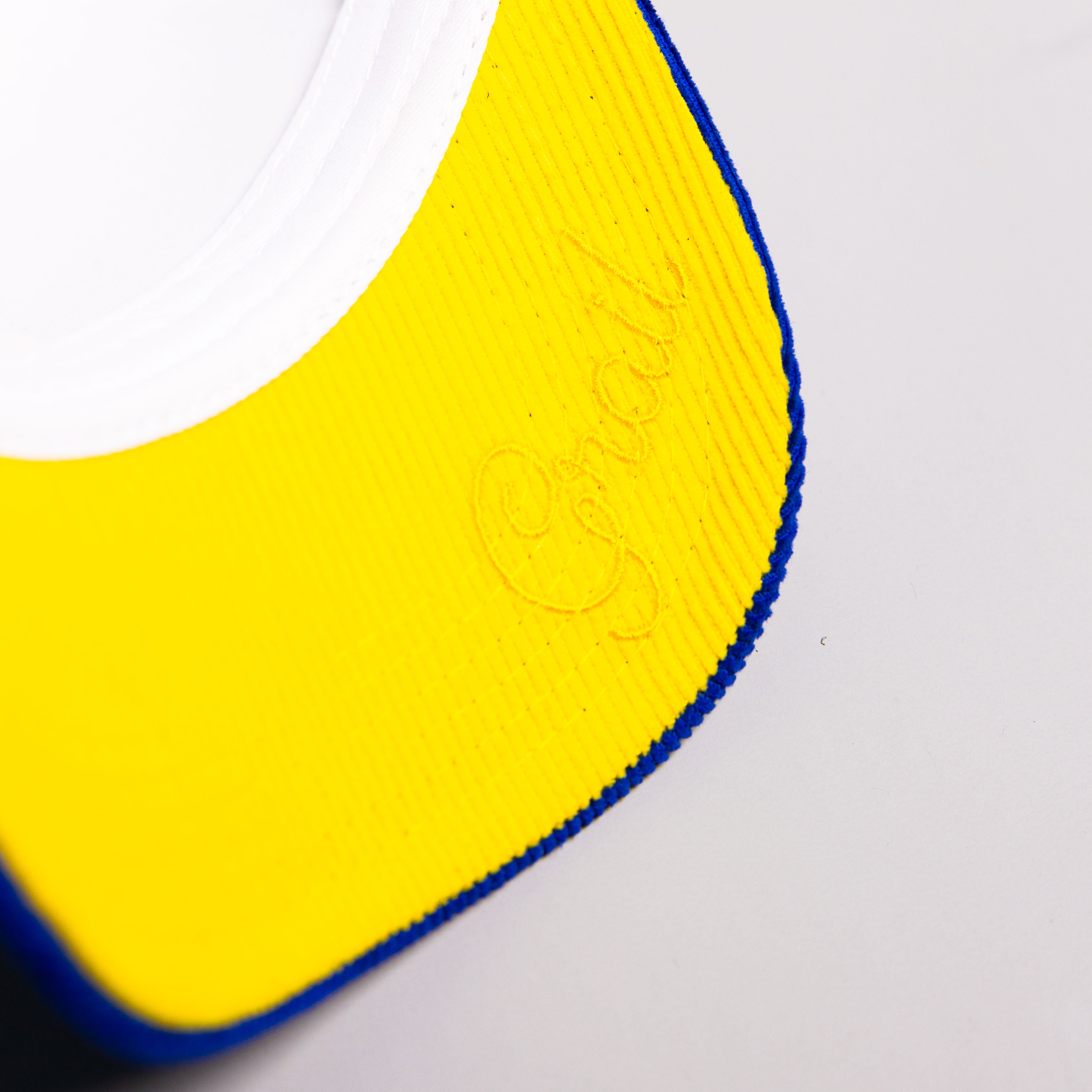 BYU Cougars Block Y Hat White Royal Yellow Corduroy Snapback - Underbrim Detail