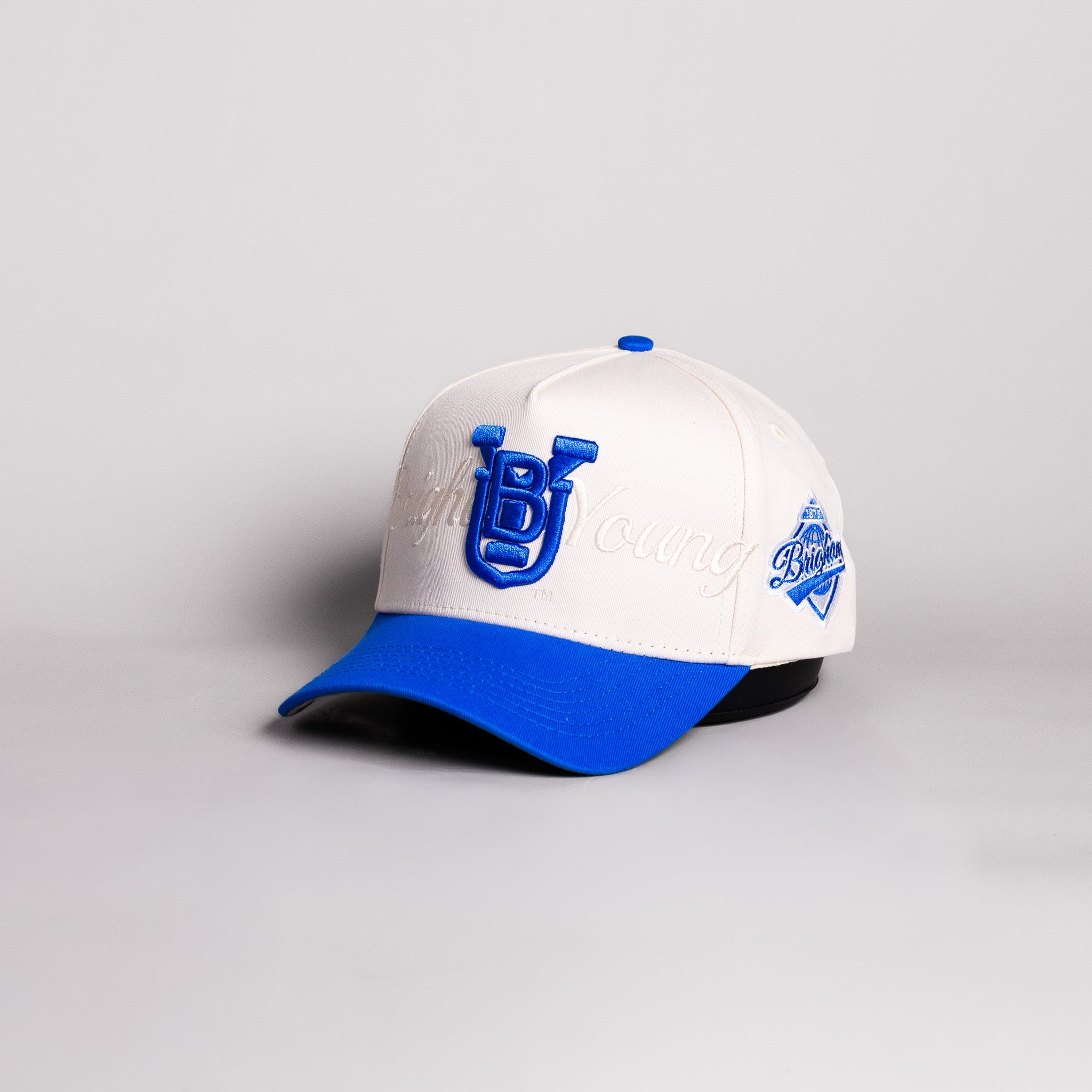 BYU Cougars Hat Cream & Royal Blue Script Snapback - Angled View