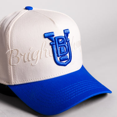 BYU Cougars Hat Cream & Royal Blue Script Snapback - Front Detail