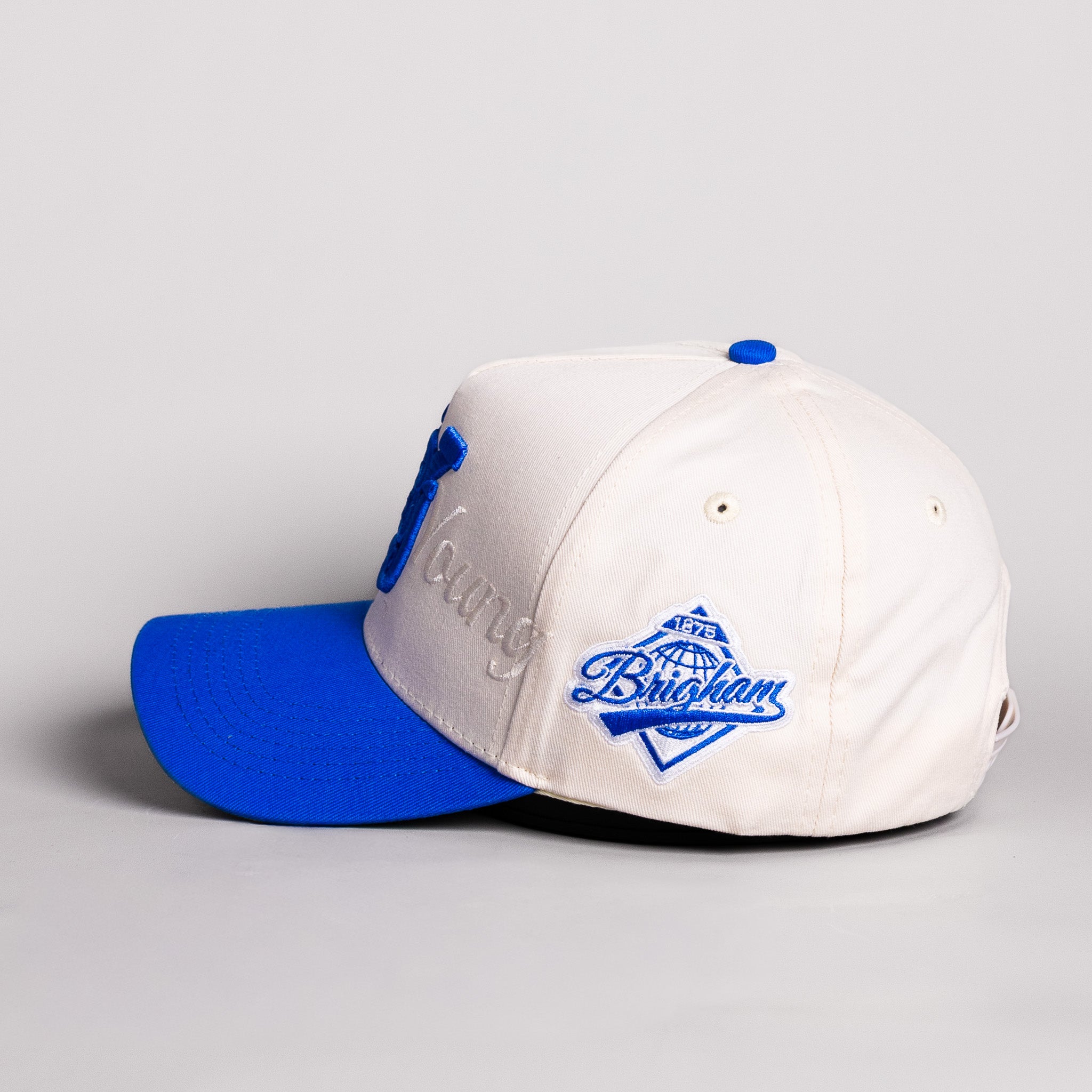 BYU Cougars Hat Cream & Royal Blue Script Snapback - Side Patch