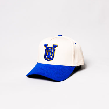 BYU Cougars Hat Cream Royal Blue Suede Brim Gold Accent Logo Snapback BYU - Angled View