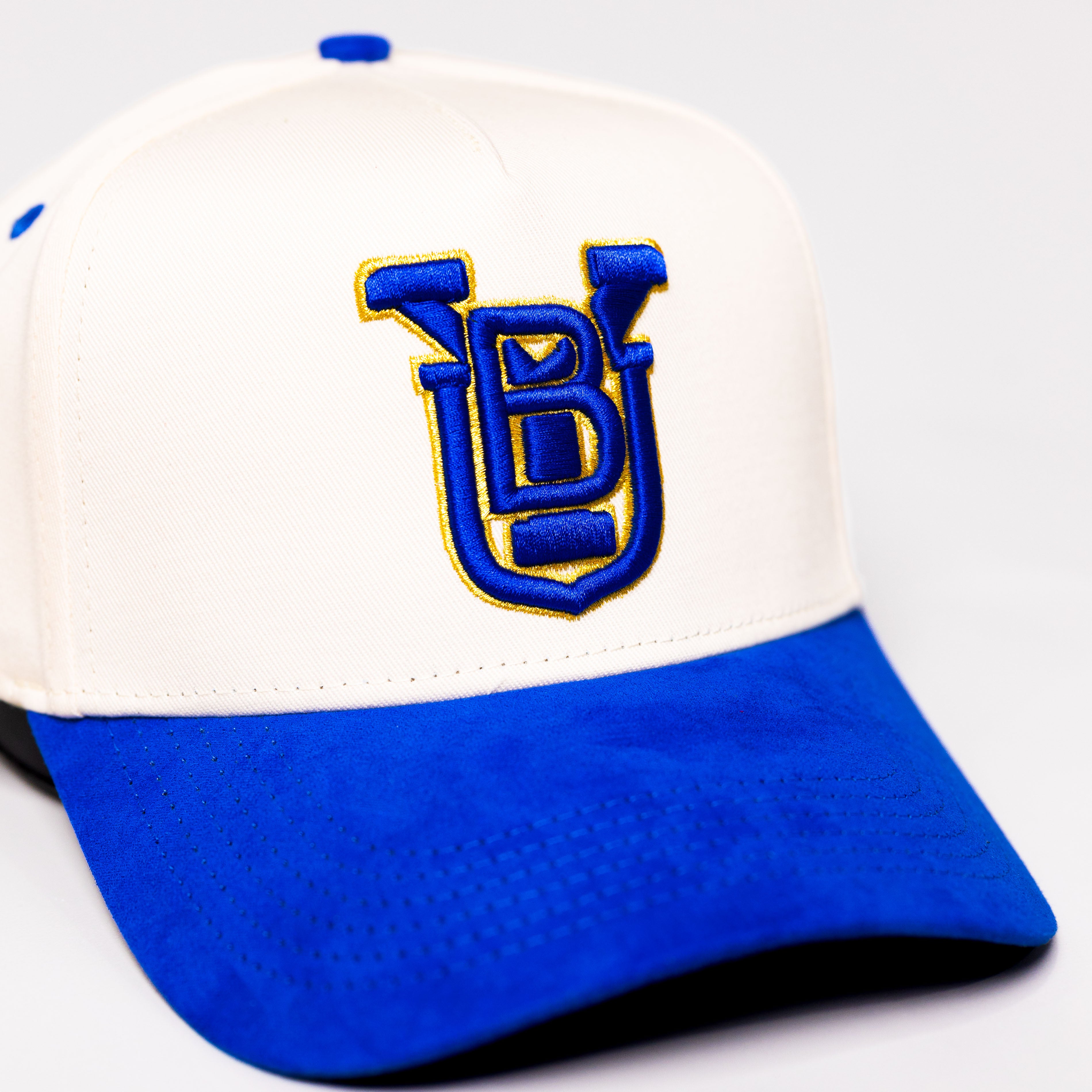 BYU Cougars Hat Cream Royal Blue Suede Brim Gold Accent Logo Snapback BYU - Front Detail