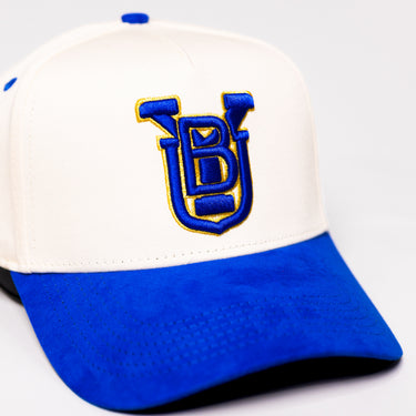 BYU Cougars Hat Cream Royal Blue Suede Brim Gold Accent Logo Snapback BYU - Front Detail
