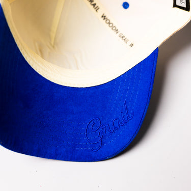 BYU Cougars Hat Cream Royal Blue Suede Brim Gold Accent Logo Snapback BYU - Underbrim Detail
