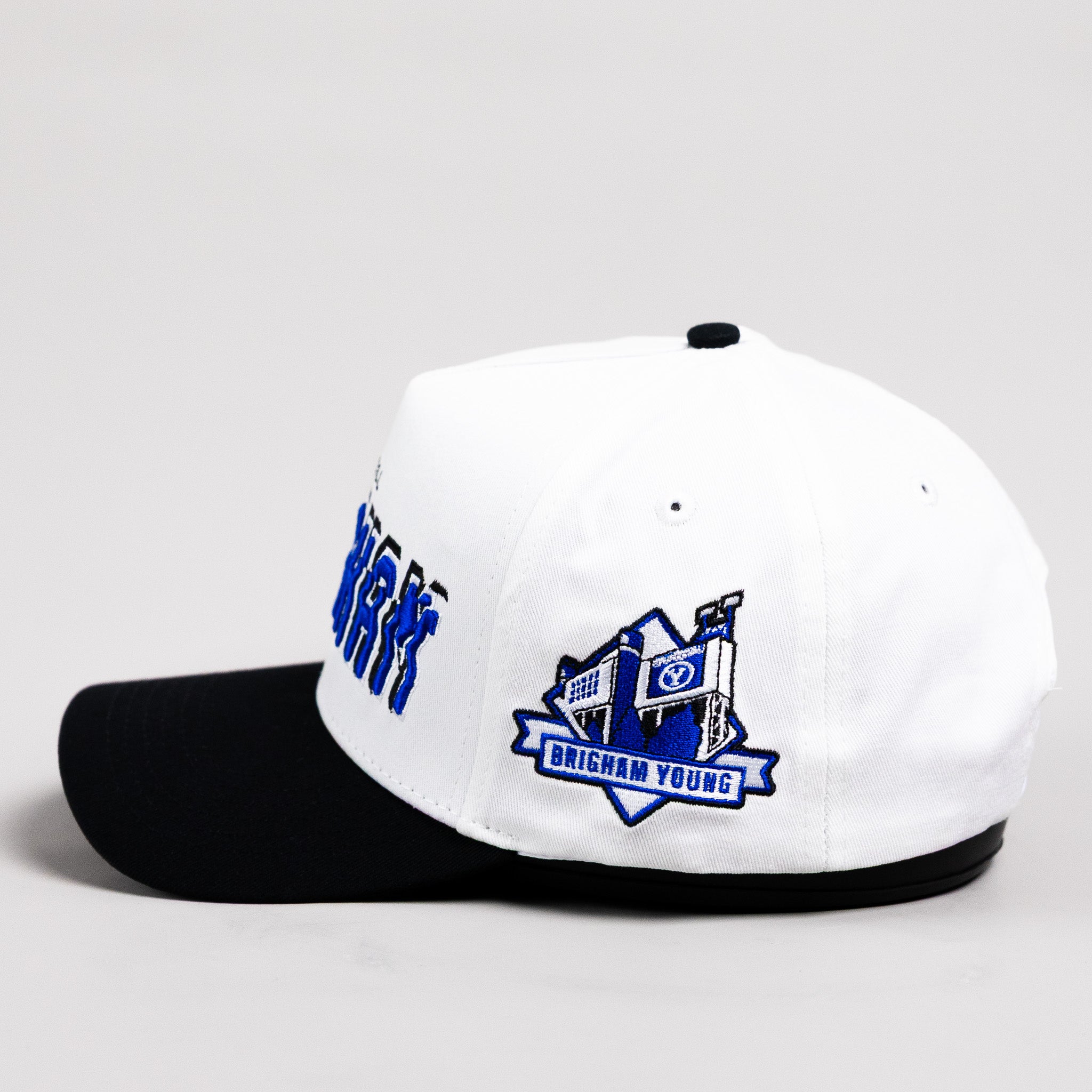 BYU Cougars Hat White & Black Corduroy Stadium Pulse Snapback - Side Brigham Young Patch