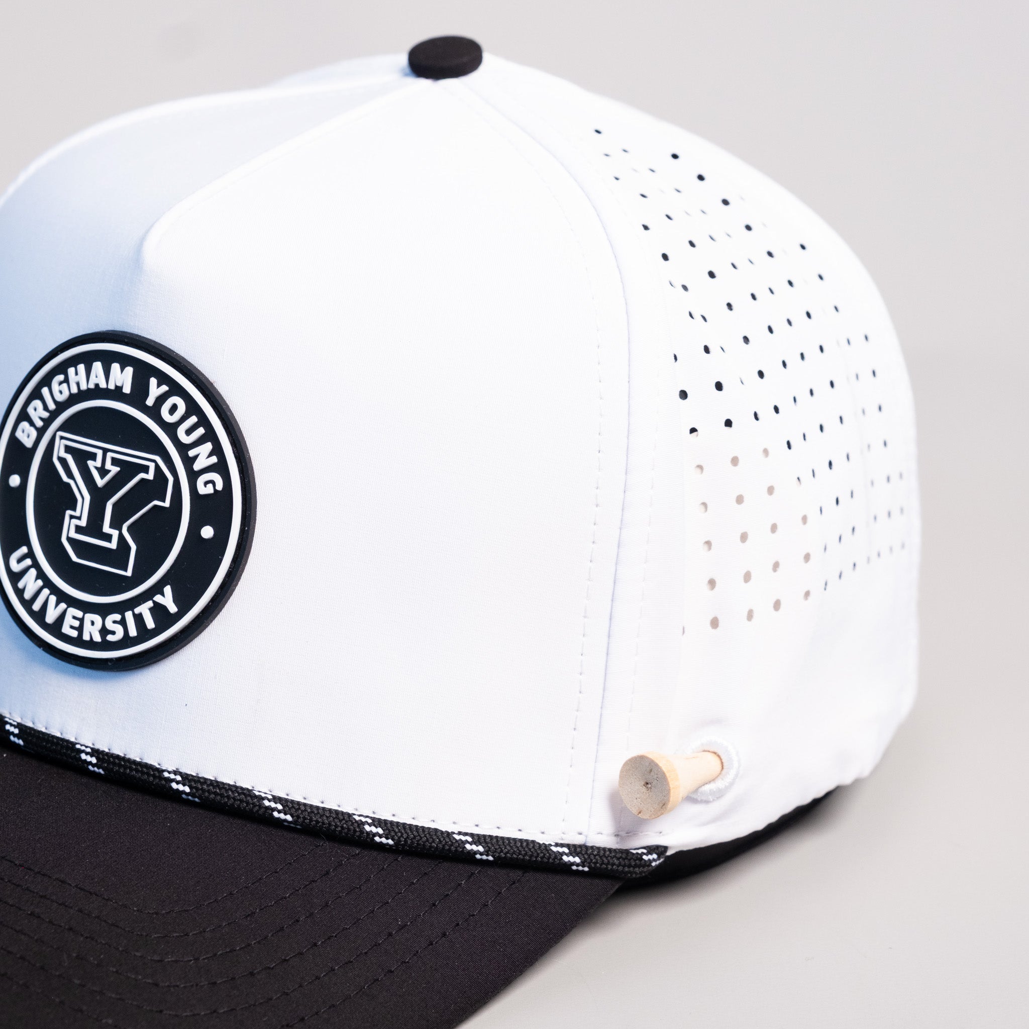 BYU Cougars Hat White Black Tee Box Performance - Front Detail Angled