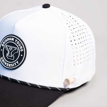 BYU Cougars Hat White Black Tee Box Performance - Front Detail Angled
