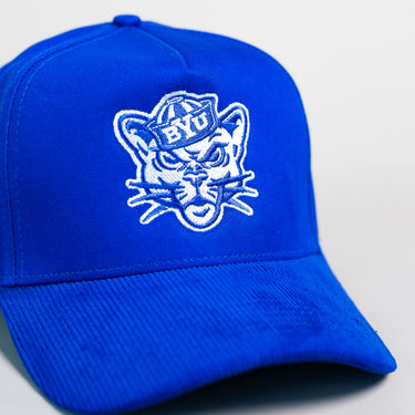 BYU Cougars Mascot Hat Royal Blue Corduroy White Logo Snapback - Front Detail