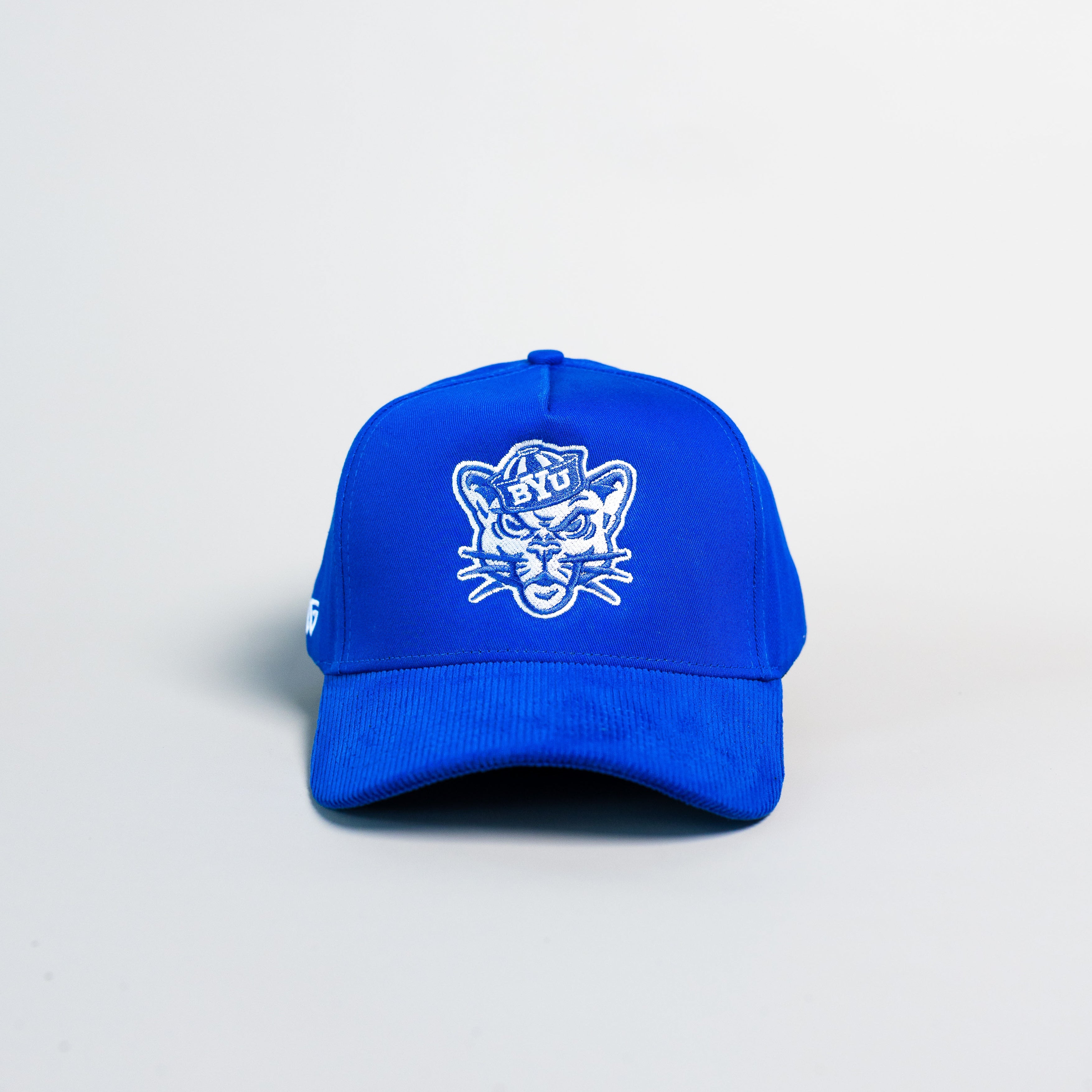 BYU Cougars Mascot Hat Royal Blue Corduroy White Logo Snapback - Front Panel