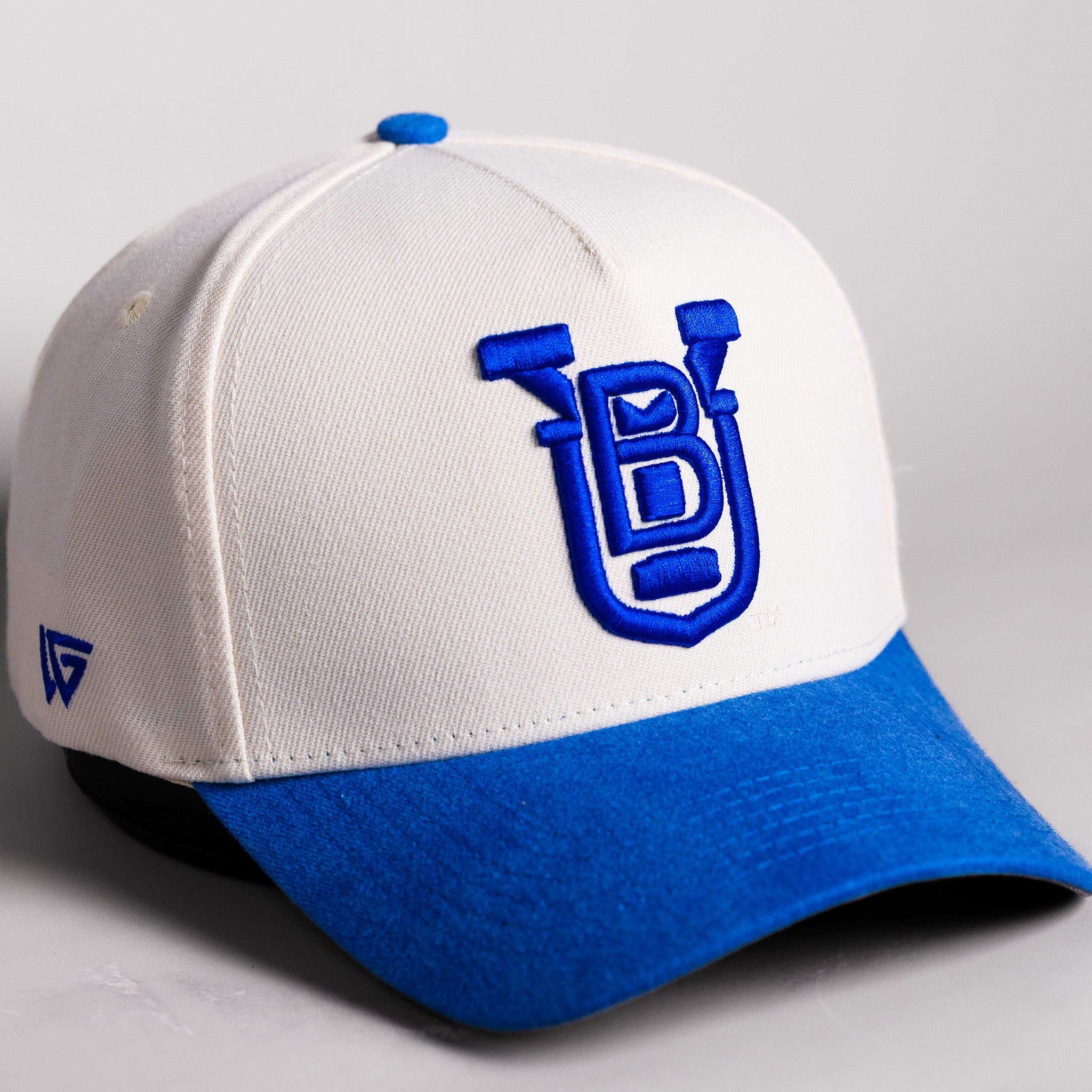 BYU Cougars UB Monogram Hat Cream Cotton Royal Blue Suede Brim Brigham Young Patch Snapback - Front Detail