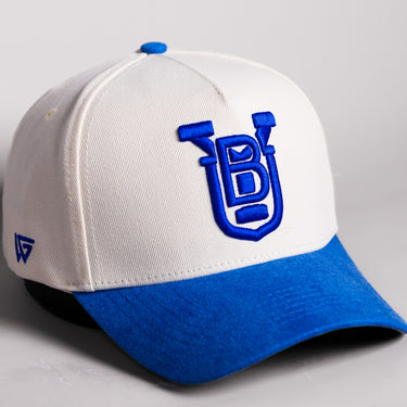 BYU Cougars UB Monogram Hat Cream Cotton Royal Blue Suede Brim Brigham Young Patch Snapback - Front Detail