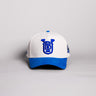 BYU Cougars UB Monogram Hat Cream Cotton Royal Blue Suede Brim Brigham Young Patch Snapback - Front Panel