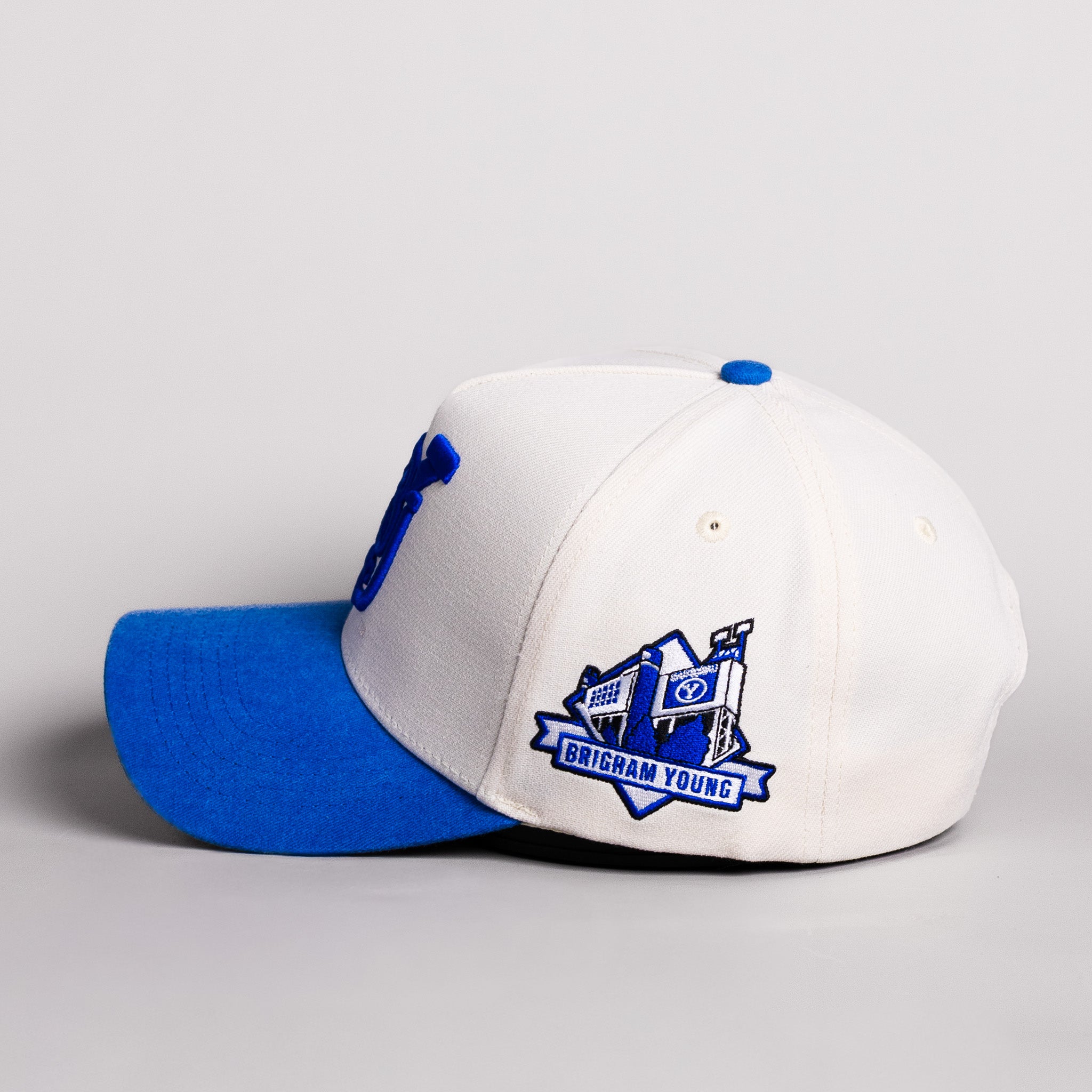 BYU Cougars UB Monogram Hat Cream Cotton Royal Blue Suede Brim Brigham Young Patch Snapback - Side Patch
