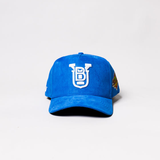 BYU OG Hat Blue Suede White Logo Snapback Brigham Young University - Front Panel