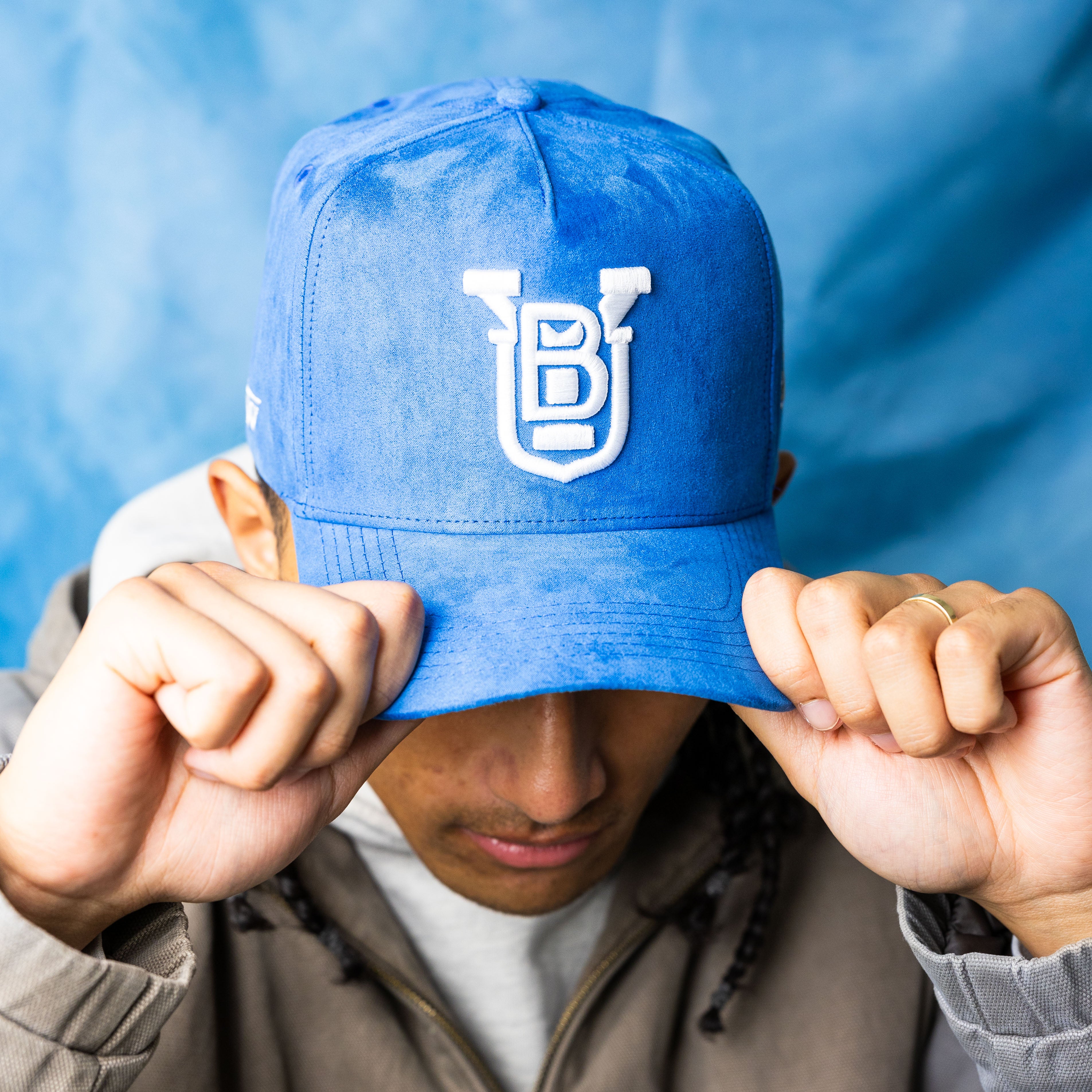 BYU OG Hat Blue Suede White Logo Snapback Brigham Young University - On Model Portrait Lifestyle