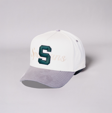 Cream & Grey Michigan State Spartans Snapback Hat Block S & Suede Brim - Angled View