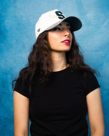 Cream & Grey Michigan State Spartans Snapback Hat Block S & Suede Brim - On Model Side Profile Lifestyle
